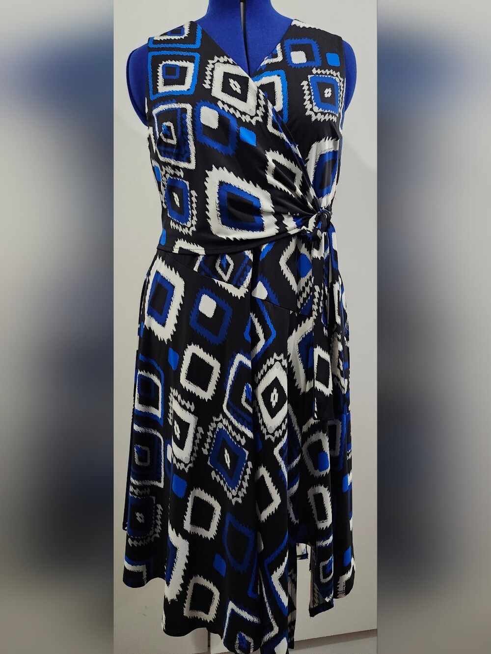 INC International Concepts Black, Blue & White Asymmetrical Wrap Dress